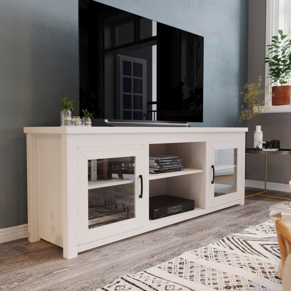 White Wash |#| Classic TV Stand for up to 80" TVs-Glass Fronted Doors-Modern White Wash Finish