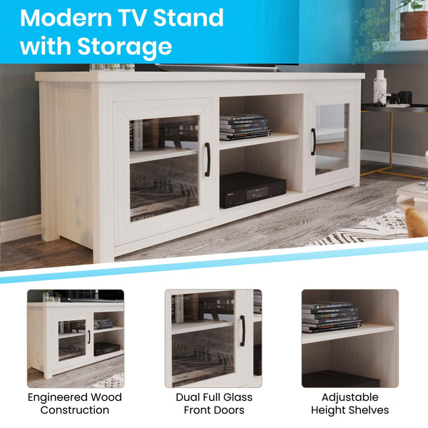 White Wash |#| Classic TV Stand for up to 80" TVs-Glass Fronted Doors-Modern White Wash Finish