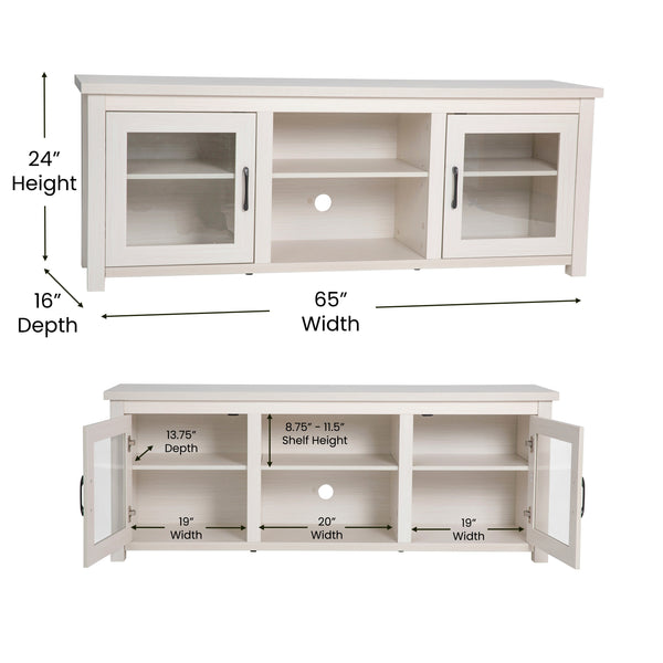 White Wash |#| Classic TV Stand for up to 80" TVs-Glass Fronted Doors-Modern White Wash Finish