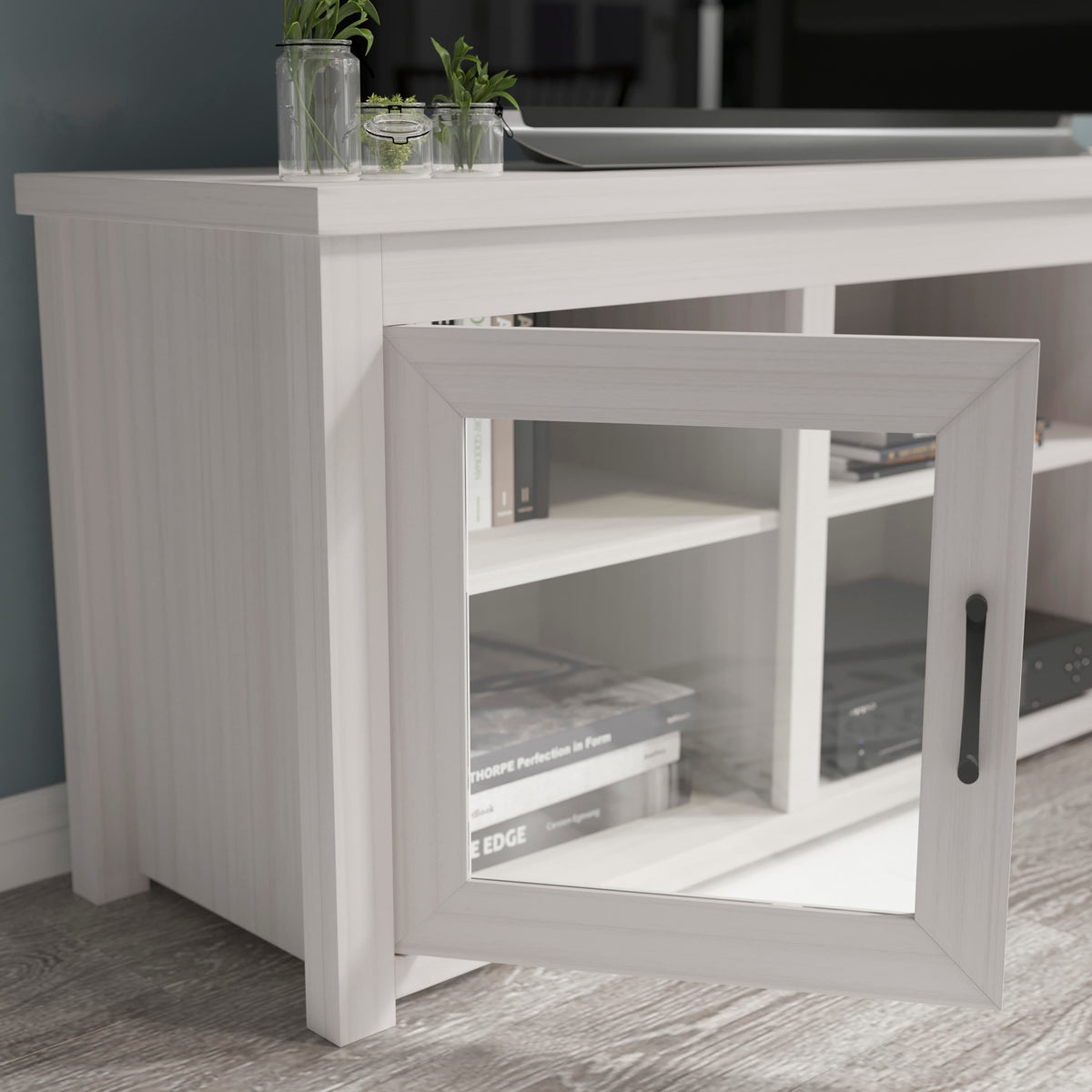 White Wash |#| Classic TV Stand for up to 80" TVs-Glass Fronted Doors-Modern White Wash Finish