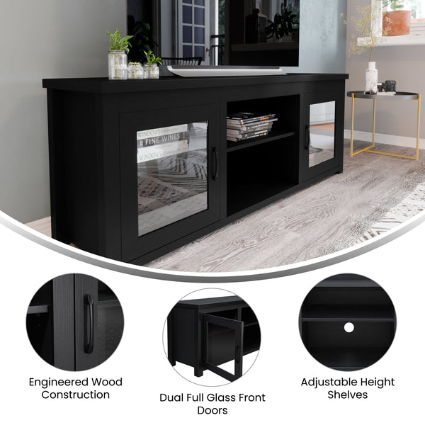 Black |#| Classic TV Stand for up to 80" TVs-Glass Fronted Doors-Modern Black Finish