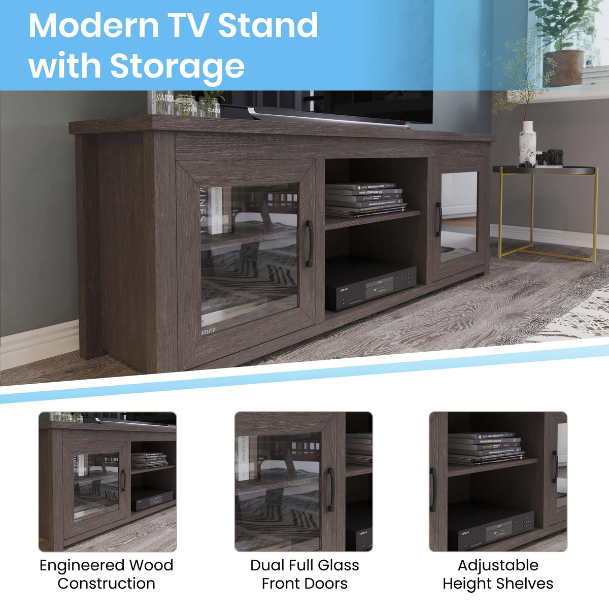 Black Wash |#| Classic TV Stand for up to 80" TVs-Glass Fronted Doors-Modern Black Wash Finish