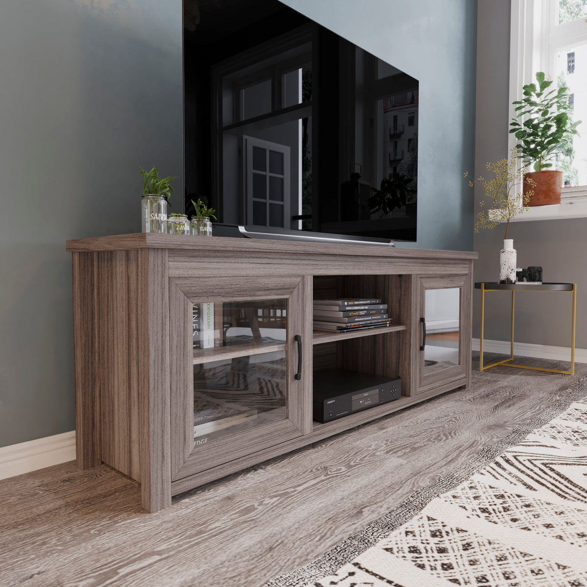 Gray Wash Oak |#| Classic TV Stand up to 80" TVs-Glass Fronted Doors-Modern Gray Wash Oak Finish