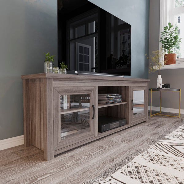 Gray Wash Oak |#| Classic TV Stand up to 80" TVs-Glass Fronted Doors-Modern Gray Wash Oak Finish