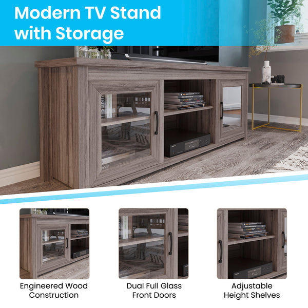 Gray Wash Oak |#| Classic TV Stand up to 80" TVs-Glass Fronted Doors-Modern Gray Wash Oak Finish