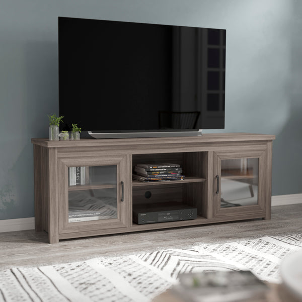 Gray Wash Oak |#| Classic TV Stand up to 80" TVs-Glass Fronted Doors-Modern Gray Wash Oak Finish