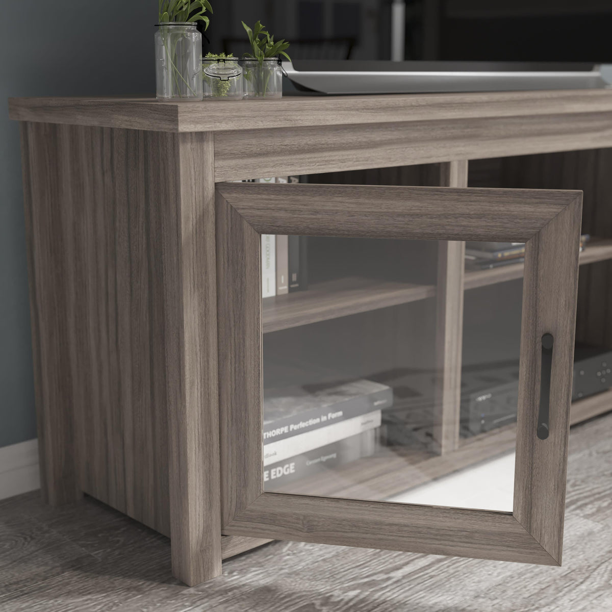 Gray Wash Oak |#| Classic TV Stand up to 80" TVs-Glass Fronted Doors-Modern Gray Wash Oak Finish