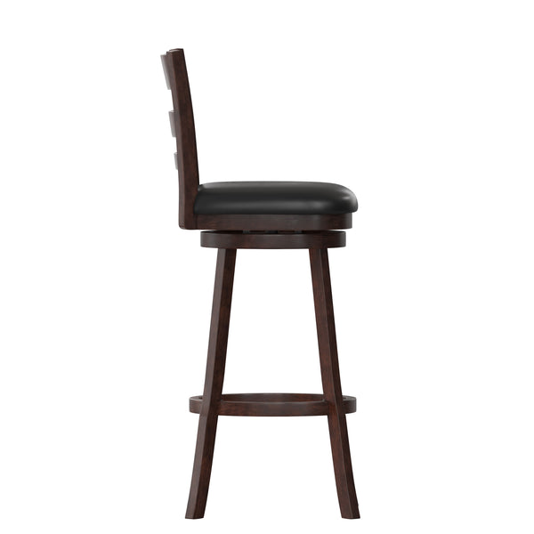 Black Vinyl/Espresso Frame |#| 30inch Ladderback Wooden Swivel Stool - Padded Seat-Espresso/Black Faux Leather