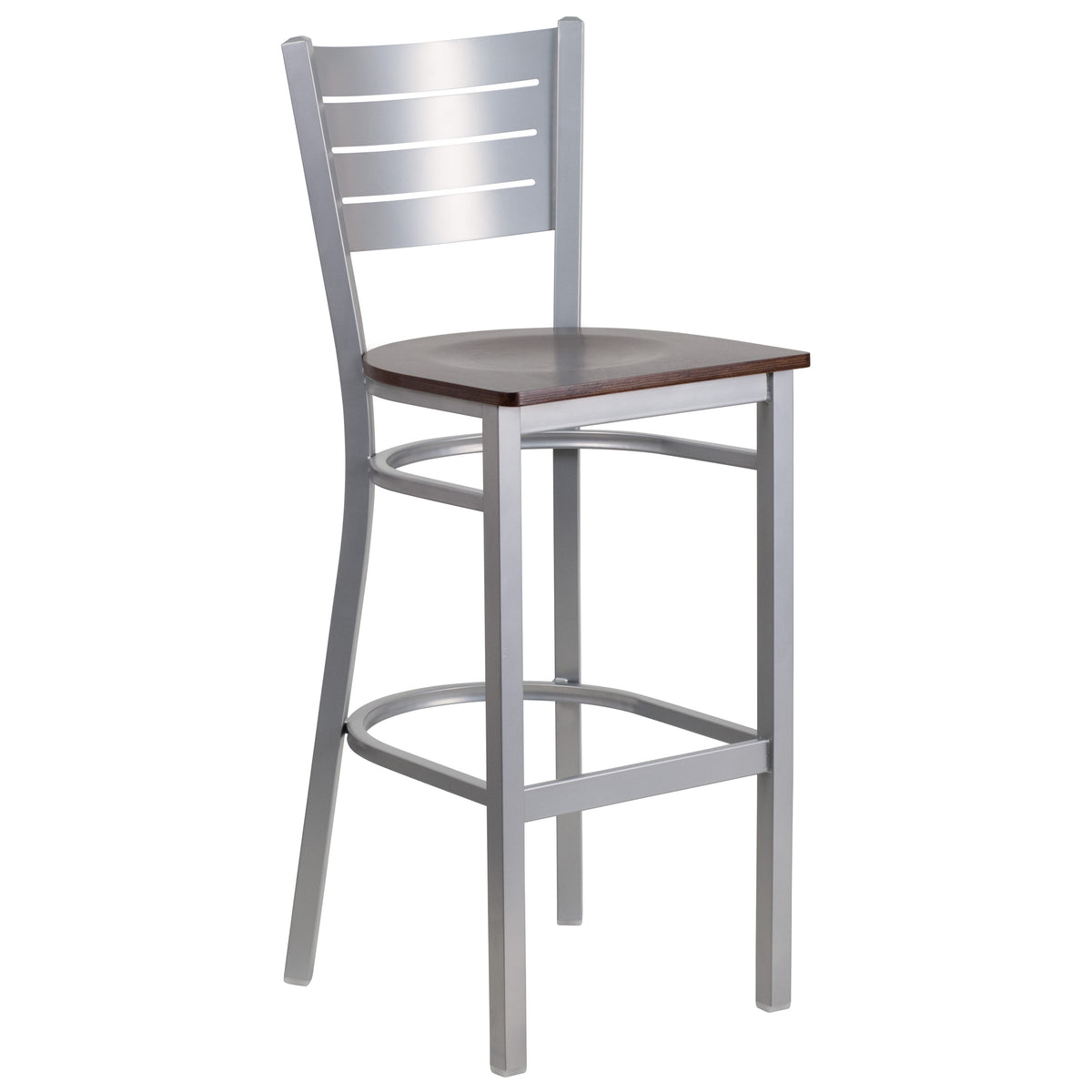 Walnut Wood Seat/Silver Frame |#| Silver Slat Back Metal Restaurant Barstool - Walnut Wood Seat