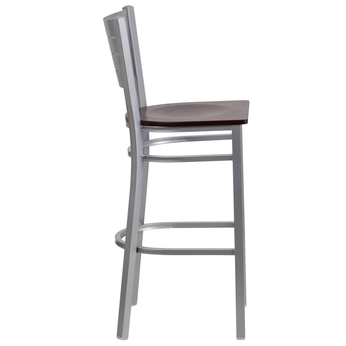 Mahogany Wood Seat/Silver Frame |#| Silver Slat Back Metal Restaurant Barstool - Mahogany Wood Seat
