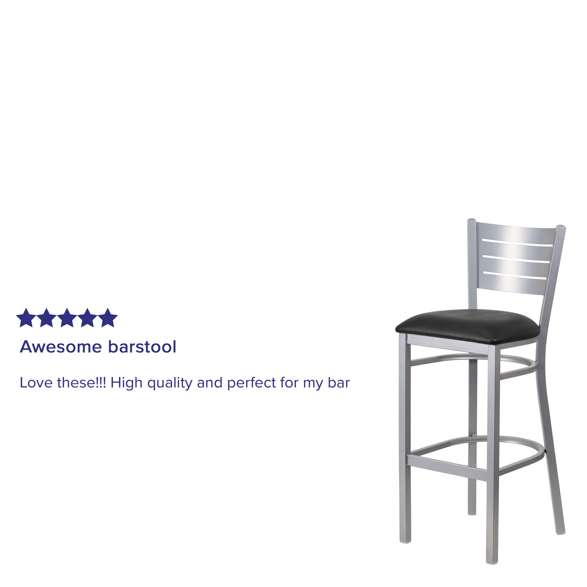 Black Vinyl Seat/Silver Frame |#| Silver Slat Back Metal Restaurant Barstool - Black Vinyl Seat