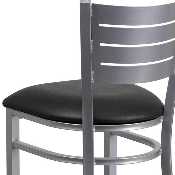 Black Vinyl Seat/Silver Frame |#| Silver Slat Back Metal Restaurant Barstool - Black Vinyl Seat