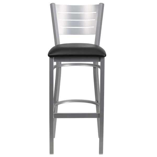 Black Vinyl Seat/Silver Frame |#| Silver Slat Back Metal Restaurant Barstool - Black Vinyl Seat