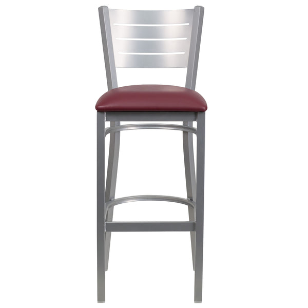 Burgundy Vinyl Seat/Silver Frame |#| Silver Slat Back Metal Restaurant Barstool - Burgundy Vinyl Seat