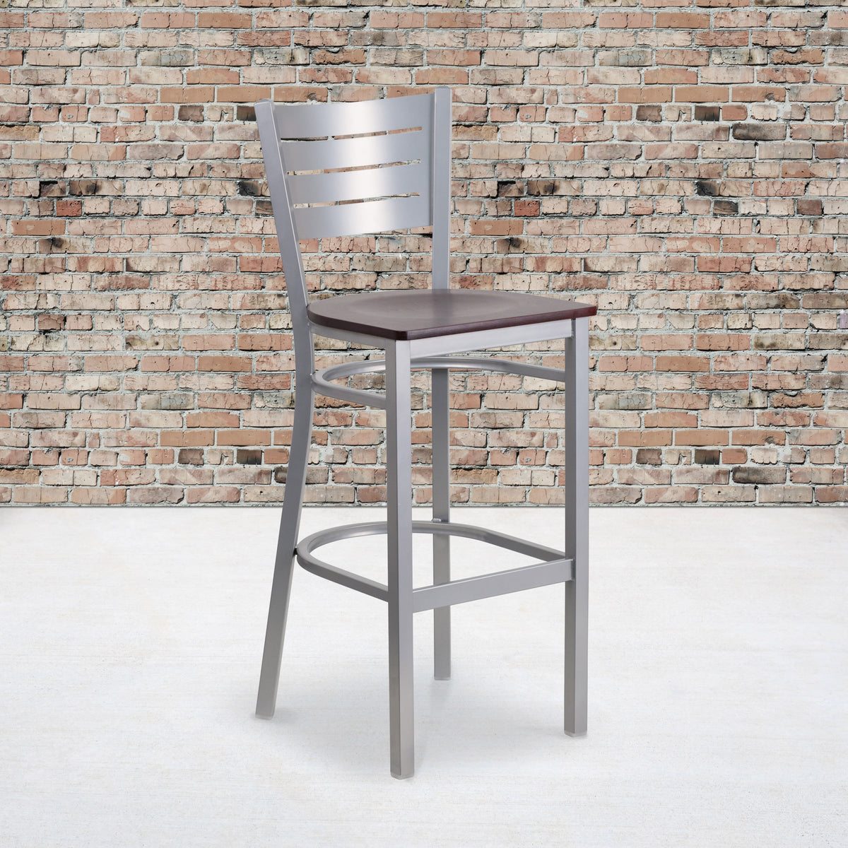 Mahogany Wood Seat/Silver Frame |#| Silver Slat Back Metal Restaurant Barstool - Mahogany Wood Seat
