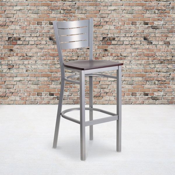 Mahogany Wood Seat/Silver Frame |#| Silver Slat Back Metal Restaurant Barstool - Mahogany Wood Seat