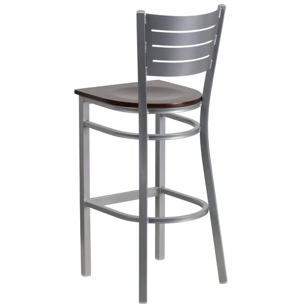 Walnut Wood Seat/Silver Frame |#| Silver Slat Back Metal Restaurant Barstool - Walnut Wood Seat