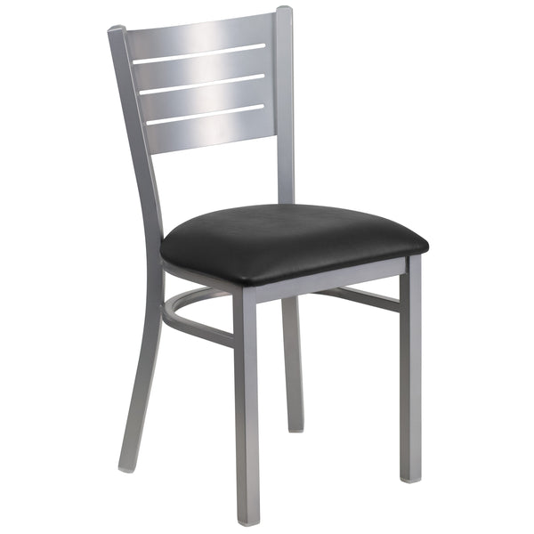 Black Vinyl Seat/Silver Frame |#| Silver Slat Back Metal Restaurant Chair - Black Vinyl Seat
