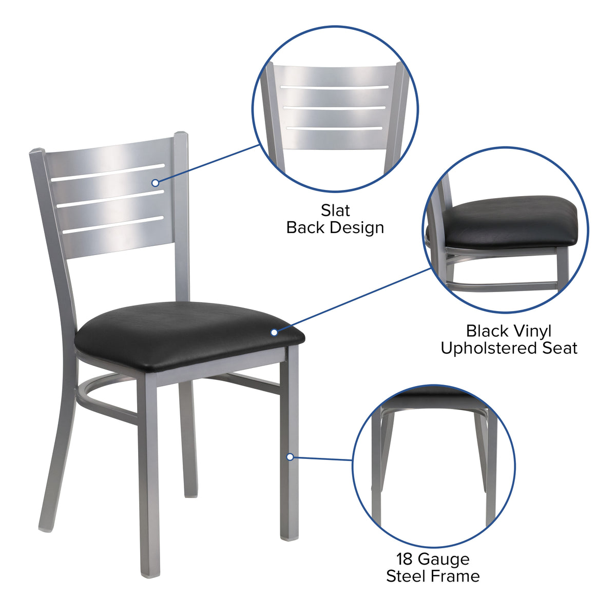 Black Vinyl Seat/Silver Frame |#| Silver Slat Back Metal Restaurant Chair - Black Vinyl Seat