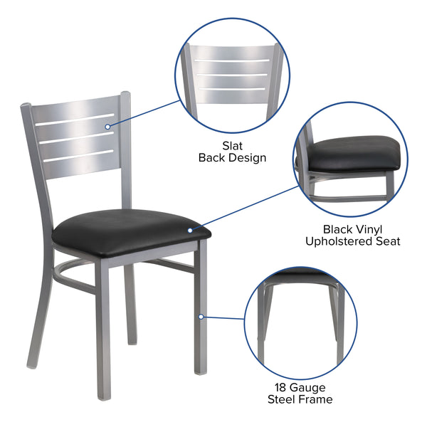 Black Vinyl Seat/Silver Frame |#| Silver Slat Back Metal Restaurant Chair - Black Vinyl Seat