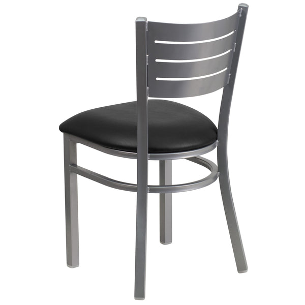 Black Vinyl Seat/Silver Frame |#| Silver Slat Back Metal Restaurant Chair - Black Vinyl Seat