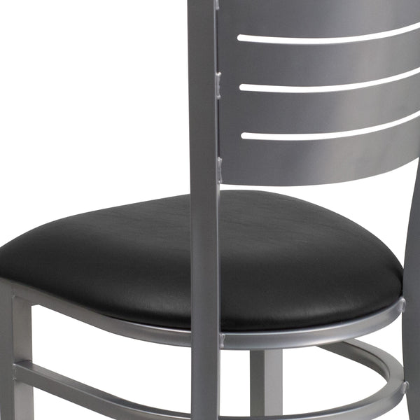 Black Vinyl Seat/Silver Frame |#| Silver Slat Back Metal Restaurant Chair - Black Vinyl Seat