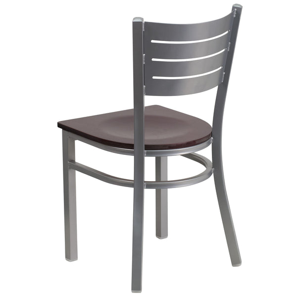 Mahogany Wood Seat/Silver Frame |#| Silver Slat Back Metal Restaurant Chair - Mahogany Wood Seat