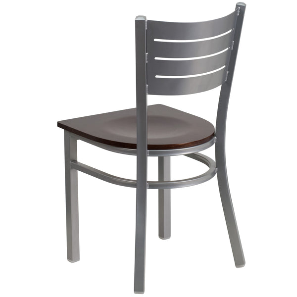 Walnut Wood Seat/Silver Frame |#| Silver Slat Back Metal Restaurant Chair - Walnut Wood Seat