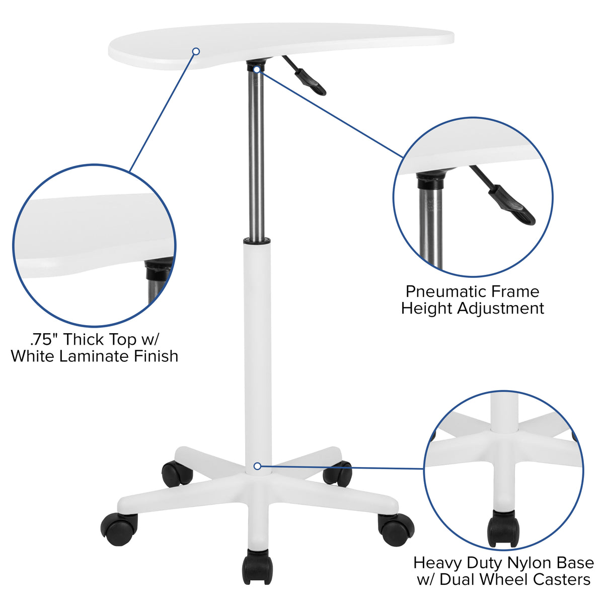 White |#| White Sit to Stand Mobile Laptop Computer Desk - Portable Rolling Standing Desk