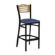 Natural Wood Back/Blue Vinyl Seat/Black Metal Frame |#| Black Slat Back Metal Restaurant Barstool - Natural Wood Back, Blue Vinyl Seat