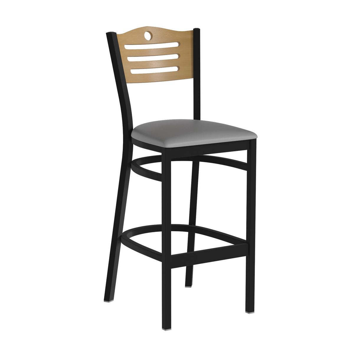 Natural Wood Back/Gray Vinyl Seat/Black Metal Frame |#| Black Slat Back Metal Restaurant Barstool - Natural Wood Back, Gray Vinyl Seat