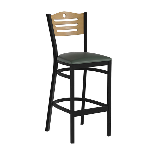 Natural Wood Back/Natural Wood Seat/Black Metal Frame |#| Black Slat Back Metal Restaurant Barstool - Natural Wood Back & Seat