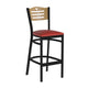 Natural Wood Back/Red Vinyl Seat/Black Metal Frame |#| Black Slat Back Metal Restaurant Barstool - Natural Wood Back, Red Vinyl Seat