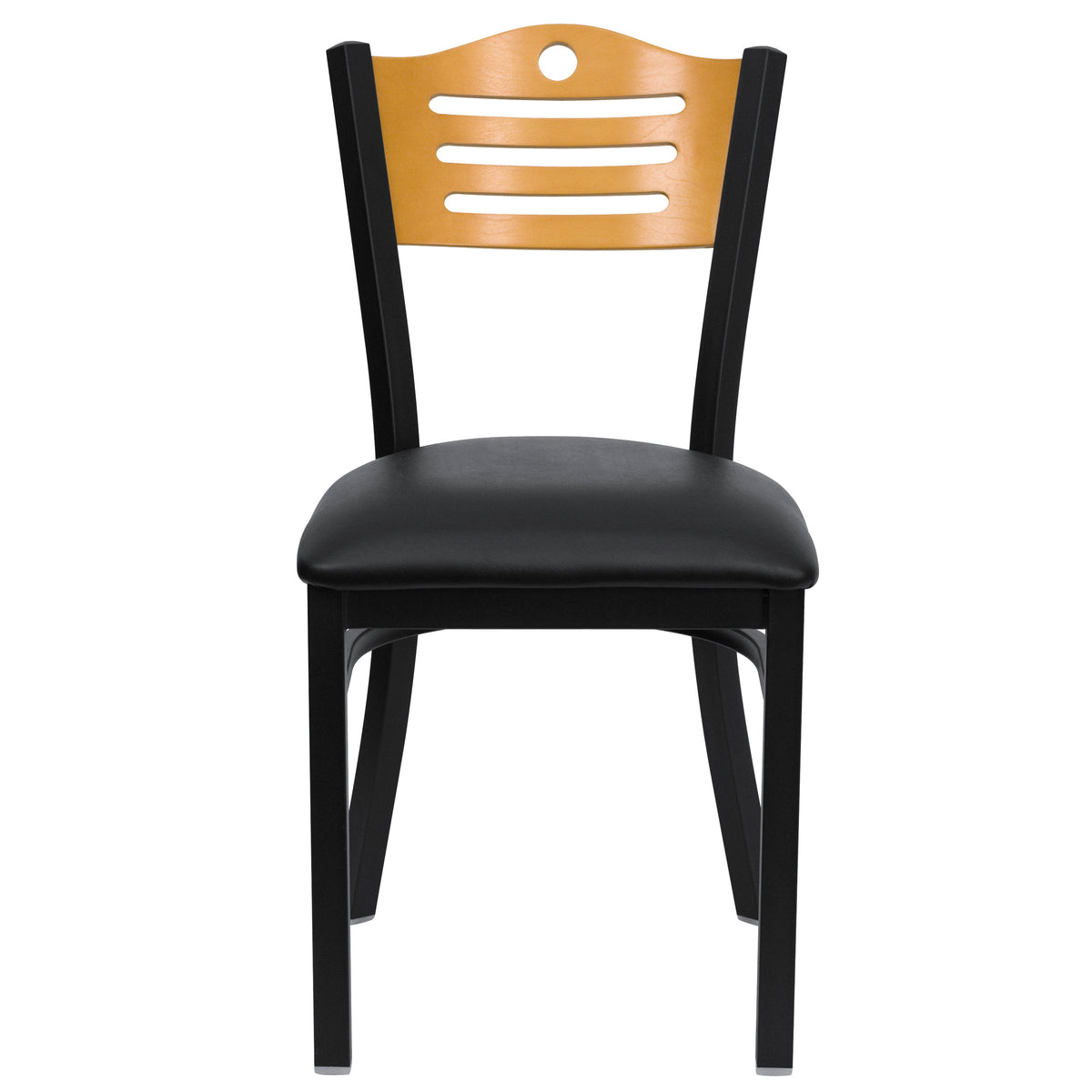 Natural Wood Back/Black Vinyl Seat/Black Metal Frame |#| Black Slat Back Metal Restaurant Chair - Natural Wood Back, Black Vinyl Seat