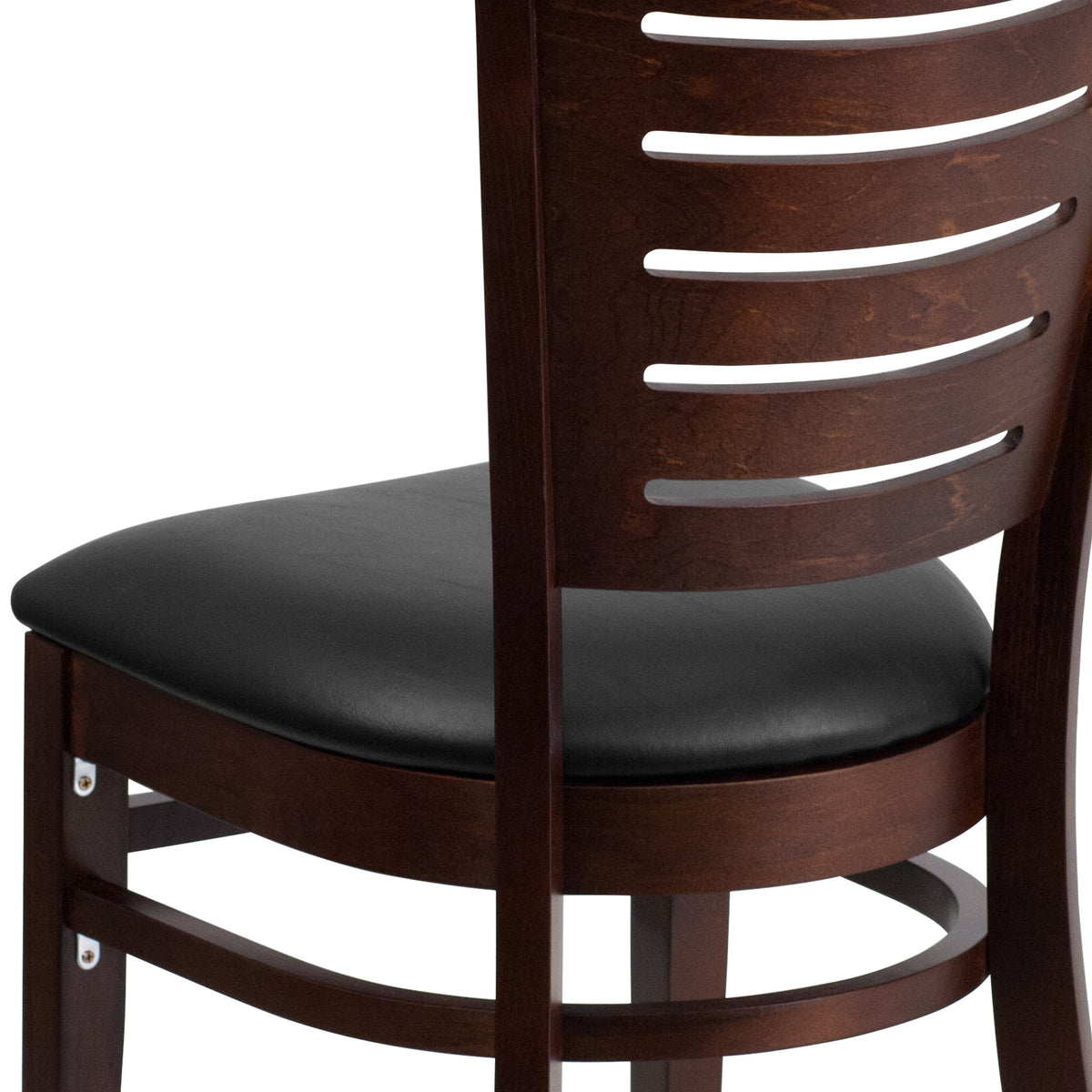 Black Vinyl Seat/Walnut Wood Frame |#| Slat Back Walnut Wood Restaurant Chair - Black Vinyl Seat