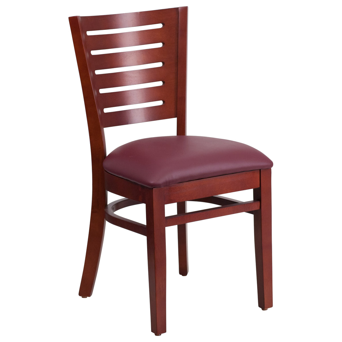 Burgundy Vinyl Seat/Mahogany Wood Frame |#| Slat Back Mahogany Wood Restaurant Chair - Burgundy Vinyl Seat