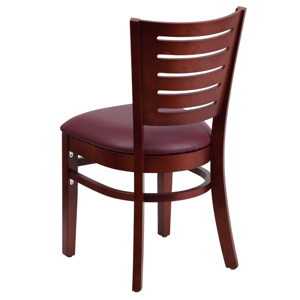 Burgundy Vinyl Seat/Mahogany Wood Frame |#| Slat Back Mahogany Wood Restaurant Chair - Burgundy Vinyl Seat