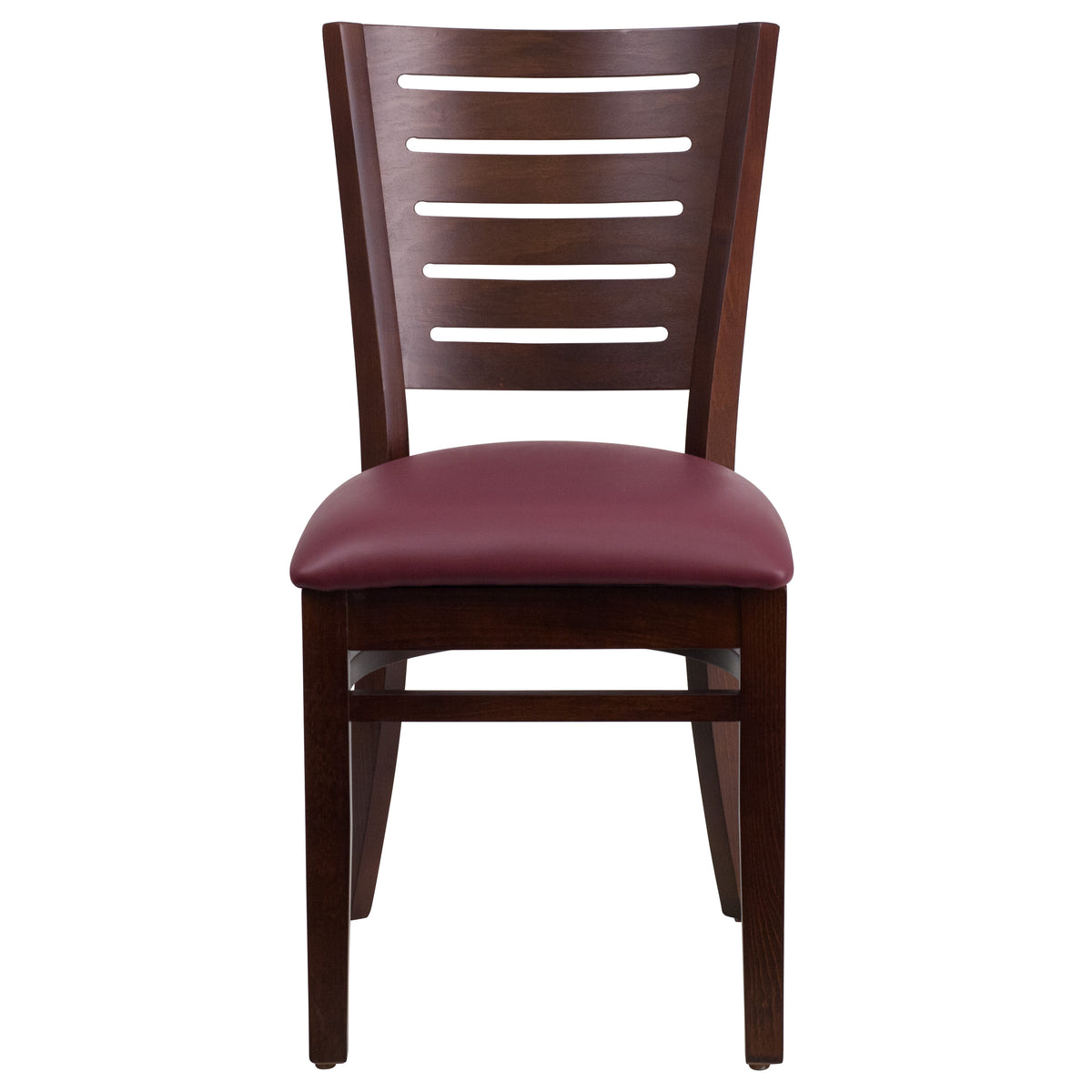 Burgundy Vinyl Seat/Walnut Wood Frame |#| Slat Back Walnut Wood Restaurant Chair - Burgundy Vinyl Seat