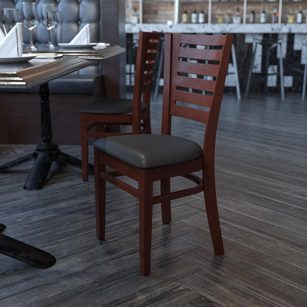 Black Vinyl Seat/Walnut Wood Frame |#| Slat Back Walnut Wood Restaurant Chair - Black Vinyl Seat