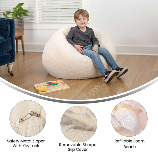 Natural Sherpa |#| Small Faux Sherpa Refillable Bean Bag Chair for Kids and Teens - Natural