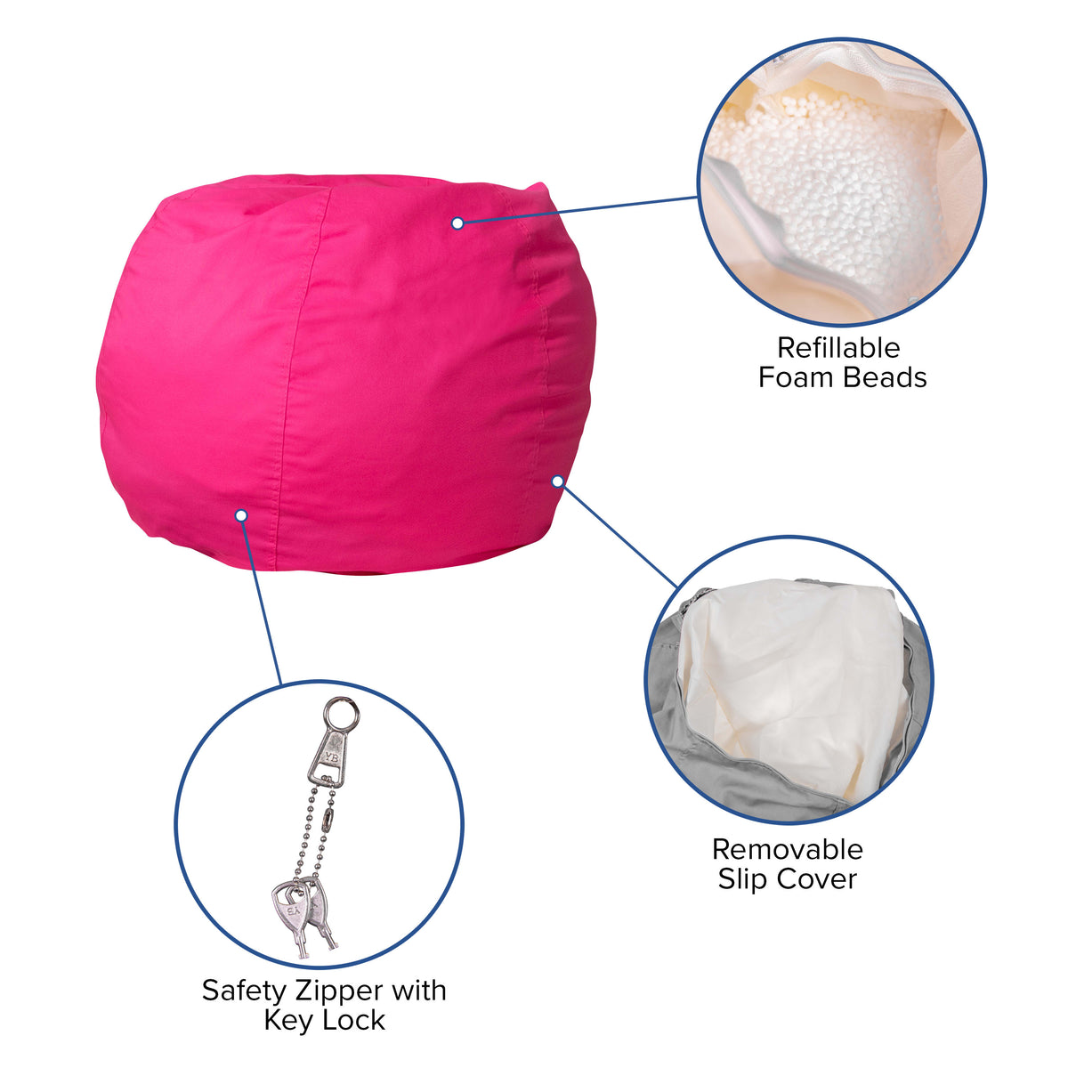 Hot Pink |#| Small Solid Hot Pink Refillable Bean Bag Chair for Kids and Teens