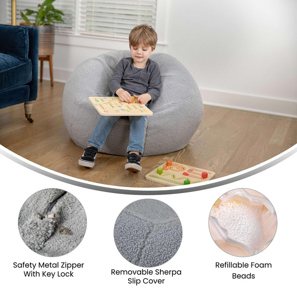 Gray Sherpa |#| Small Faux Sherpa Refillable Bean Bag Chair for Kids and Teens - Gray