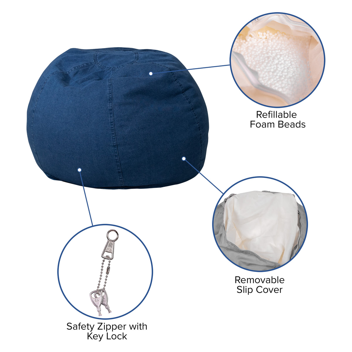 Denim |#| Small Denim Refillable Bean Bag Chair for Kids and Teens