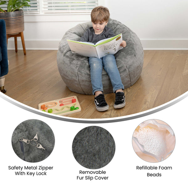 Gray Furry |#| Small Gray Furry Refillable Bean Bag Chair for Kids and Teens