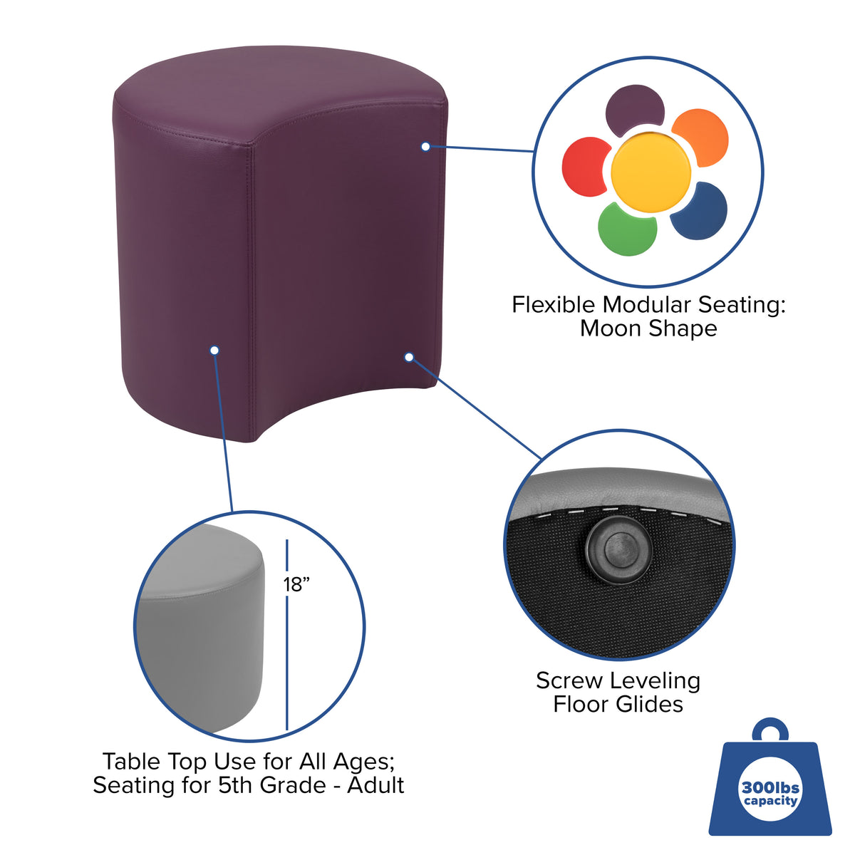 Purple |#| 18inchH Soft Seating Flexible Moon for Classrooms and Common Spaces - Purple