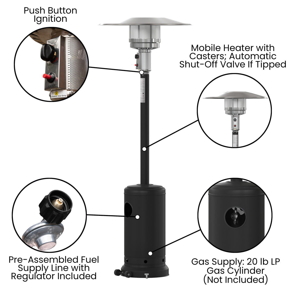 Black |#| Outdoor Patio Heater - Black - 7.5 Feet Round Steel Patio Heater - 40,000 BTU's