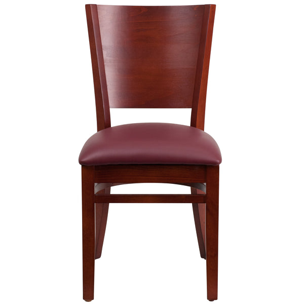 Burgundy Vinyl Seat/Mahogany Wood Frame |#| Solid Back Mahogany Wood Restaurant Chair - Burgundy Vinyl Seat