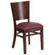 Burgundy Vinyl Seat/Walnut Wood Frame |#| Solid Back Walnut Wood Restaurant Chair - Burgundy Vinyl Seat