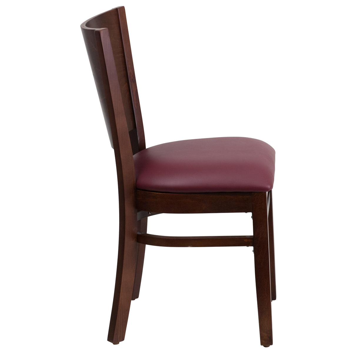 Burgundy Vinyl Seat/Walnut Wood Frame |#| Solid Back Walnut Wood Restaurant Chair - Burgundy Vinyl Seat