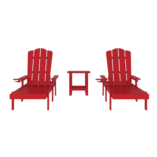 Sonora Commercial Grade 3 Piece Indoor/Outdoor Adirondack Set with 2 Adjustable HDPE Loungers with Cup Holders and 2-Tier Side Table